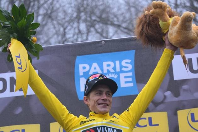 Danish Jonas Vingegaard of Team Visma-Lease a Bike celebrates on the podium after winning the fourth stage of 84th edition of the Paris-Nice cycling race, a race from Bourges to Uchon (195 km), on Wednesday 11 March 2026. DAVIDxPINTENS  x167173855x