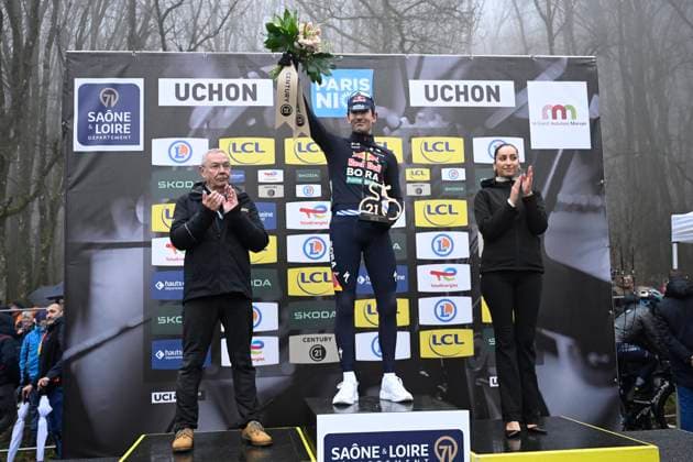 Paris Nice 2026 Stage 4 UCHON, FRANCE - MARCH 11 : Van Dijke Mick (NED) of Red Bull - BORA - Hansgrohe pictured with the combativity prize during the podium ceremony of stage 4 of the 84th edition of Paris - Nice an UCI World Tour 2.UWT cycling road race stage for Men Elite of 195 km with start in Bourges and finish in Uchon on March 11, 2026 in Uchon, France, 11 03 2026 ( Motordriver Guy De Vuyst - Uchon France  Copyright: xNicoxVereeckenx