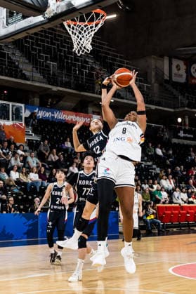 LYON-VILLEURBANNE, FRANCE - MARCH 11: Nyara Sabally (Germany, 8) controls the ball against Haeran Lee (Republic of Korea, 12) during the FIBA Women™s World Cup Qualifying Tournament match between Germany vs. Republic of Korea at Astroballe on matchday 1 of the FIBA Women™s World Cup Qualifying Tournament on March 11, 2026 in Lyon-Villeurbanne, France. France Copyright: xSteffiexWunderlx