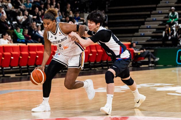 LYON-VILLEURBANNE, FRANCE - MARCH 11: Nyara Sabally (Germany, 8) controls the ball against An Jin (Republic of Korea, 77) during the FIBA Women™s World Cup Qualifying Tournament match between Germany vs. Republic of Korea at Astroballe on matchday 1 of the FIBA Women™s World Cup Qualifying Tournament on March 11, 2026 in Lyon-Villeurbanne, France. France Copyright: xSteffiexWunderlx