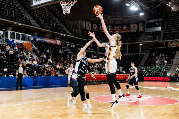 LYON-VILLEURBANNE, FRANCE - MARCH 11: Frieda Buehner (Bühner, Buhner Germany, 20) shoots the ball during the FIBA Women™s World Cup Qualifying Tournament match between Germany vs. Republic of Korea at Astroballe on matchday 1 of the FIBA Women™s World Cup Qualifying Tournament on March 11, 2026 in Lyon-Villeurbanne, France. France Copyright: xSteffiexWunderlx