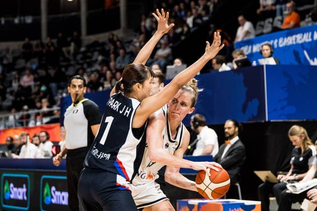 LYON-VILLEURBANNE, FRANCE - MARCH 11: Leonie Fiebich (Germany, 13) controls the ball against Jisu Park (Republic of Korea, 7) during the FIBA Women™s World Cup Qualifying Tournament match between Germany vs. Republic of Korea at Astroballe on matchday 1 of the FIBA Women™s World Cup Qualifying Tournament on March 11, 2026 in Lyon-Villeurbanne, France. France Copyright: xSteffiexWunderlx