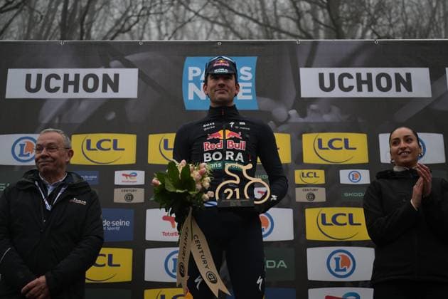 Dutch Mick van Dijke of Red Bull-BORA-hansgrohe celebrates on the podium with the combativity award after the fourth stage of 84th edition of the Paris-Nice cycling race, a race from Bourges to Uchon (195 km), on Wednesday 11 March 2026. DAVIDxPINTENS  x167183393x