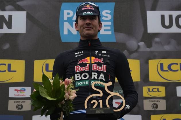 Dutch Mick van Dijke of Red Bull-BORA-hansgrohe celebrates on the podium with the combativity award after the fourth stage of 84th edition of the Paris-Nice cycling race, a race from Bourges to Uchon (195 km), on Wednesday 11 March 2026. DAVIDxPINTENS  x167183413x
