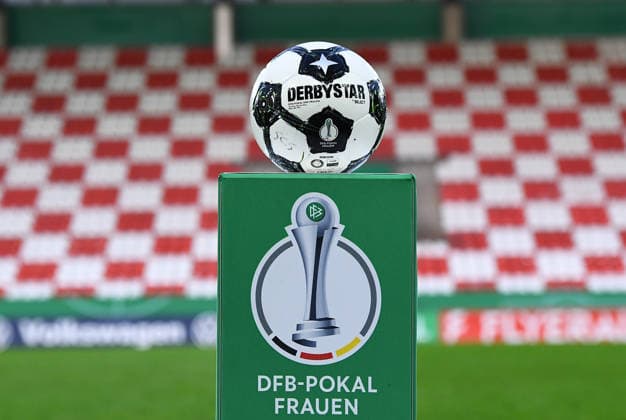 Soccer Women DFB Pokal Season 2025 2026 Quarterfinal SGS Essen Werder Bremen on 11 03 2026 at the stadium at Hafenstraße in Essen Advertising stand DFB Pokal Women DFB regulations prohibit any use of photographs as image sequences and or quasi video Nordrhein Westfalen Germany