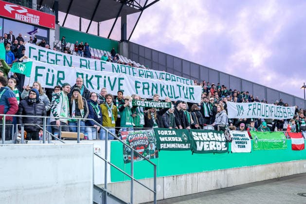 2026 03 11, Football, DFB Pokal Women, SGS Essen SV Werder Bremen, Quarterfinals, Stadion an der Hafenstraße, Women, Season 2025 2026 Banner protest banner in the fan curve of the Ultras Bremen Gegen Alle Materialverbote für Aktive Fankultur im Frauenfußball Schriftzug Zuschauer Gästefans Gästeblock DFB regulations prohibit any use of photographs as image sequences and or quasi video Nordrhein Westfalen Germany