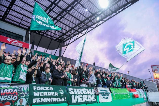 2026 03 11, Football, DFB Pokal Women, SGS Essen SV Werder Bremen, Quarterfinals, Stadion an der Hafenstraße, Women, Season 2025 2026 Full guest block at the fans of Bremen Fan spectators Visitors guest block DFB regulations prohibit any use of photographs as image sequences and or quasi video North Rhine-Westphalia Germany