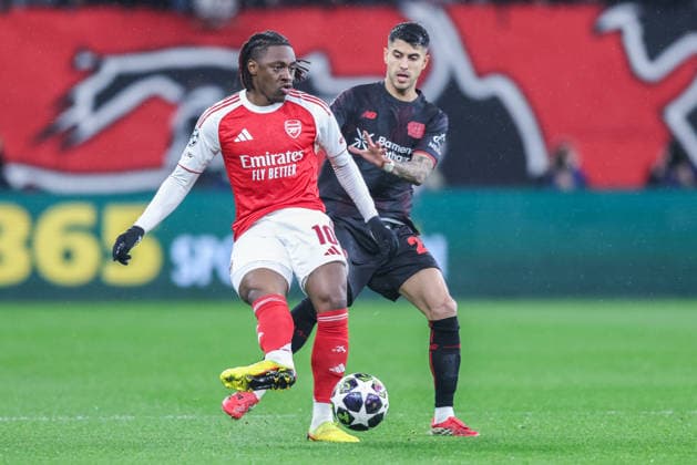 Soccer Champions League Round of 16 Bayer 04 Leverkusen FC Arsenal on 11 03 2026 at the BayArena in Leverkusen Eberechi Eze Arsenal , left Exequiel Palacios Leverkusen , right xJRx