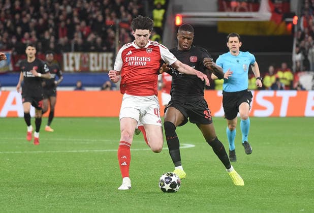 11 03 2026, xhbx, Football UEFA Champions League, Bayer 04 Leverkusen FC Arsenal London v l Declan Rice Arsenal London FC , Christian Kofane Bayer Leverkusen DFL DFB REGULATIONS PROHIBIT ANY USE OF PHOTOGRAPHS as IMAGE SEQUENCES and or QUASI VIDEO Leverkusen