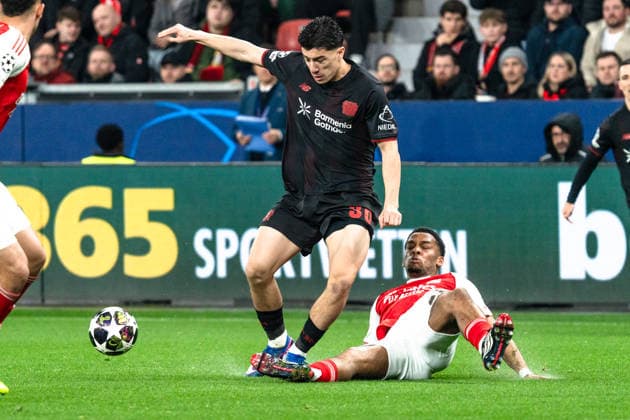 UEFA Champions League 2025 2026 Bayer 04 Leverkusen vs Arsenal, Round of 16 First Round, Wednesday, 11 03 2026 BayArena Nordrhein Westfalen, Germany Ibrahim Maza 30 Jurrien Timber Arsenal, 12 Copyright: xCelinaxLeiersx