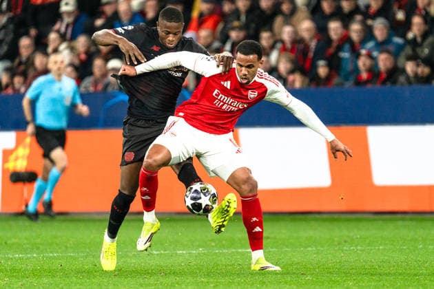 UEFA Champions League 2025 2026 Bayer 04 Leverkusen vs Arsenal, Round of 16 First Round, Wednesday, 11 03 2026 BayArena Nordrhein Westfalen, Germany Gabriel Magalhaes Magalhaes Arsenal, 6 Christian Kofane 35 Copyright: xCelinaxLeiersx