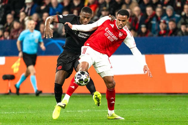 UEFA Champions League 2025 2026 Bayer 04 Leverkusen vs Arsenal, Round of 16 First Round, Wednesday, 11 03 2026 BayArena Nordrhein Westfalen, Germany Gabriel Magalhaes Magalhaes Arsenal, 6 Christian Kofane 35 Copyright: xCelinaxLeiersx