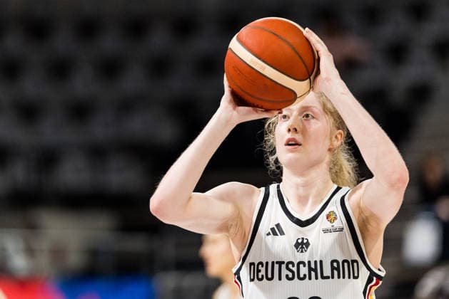LYON-VILLEURBANNE, FRANCE - MARCH 11: Frieda Buehner (Bühner, Buhner Germany, 20) shoots the ball from the freethrow line during the FIBA Women™s World Cup Qualifying Tournament match between Germany vs. Republic of Korea at Astroballe on matchday 1 of the FIBA Women™s World Cup Qualifying Tournament on March 11, 2026 in Lyon-Villeurbanne, France. France Copyright: xSteffiexWunderlx