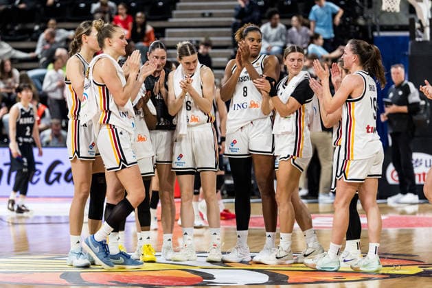 LYON-VILLEURBANNE, FRANCE - MARCH 11: Happy faces with the German team after winning the FIBA Women™s World Cup Qualifying Tournament match between Germany vs. Republic of Korea at Astroballe on matchday 1 of the FIBA Women™s World Cup Qualifying Tournament on March 11, 2026 in Lyon-Villeurbanne, France. France Copyright: xSteffiexWunderlx