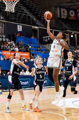 LYON-VILLEURBANNE, FRANCE - MARCH 11: Nyara Sabally (Germany, 8) controls the ball against Isaem Choi (Republic of Korea, 6), Heji An (Republic of Korea, 5) during the FIBA Women™s World Cup Qualifying Tournament match between Germany vs. Republic of Korea at Astroballe on matchday 1 of the FIBA Women™s World Cup Qualifying Tournament on March 11, 2026 in Lyon-Villeurbanne, France. France Copyright: xSteffiexWunderlx