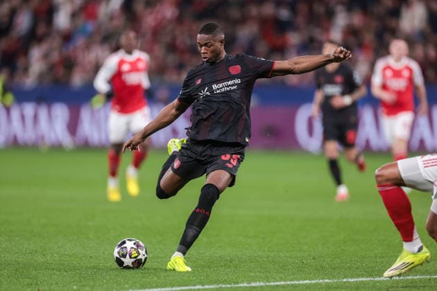 11 03 2026, Football, UEFA Champions League round of 16, Bayer 04 Leverkusen Arsenal London, Christian Michel Kofane Bayer 04 Leverkusen with a shot on goal Leverkusen BayArena NRW Germany xRHR PHOTO DEx Copyright: DennisxEwert RHR-FOTOx RHR-FOTO DE