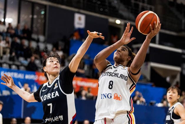 LYON-VILLEURBANNE, FRANCE - MARCH 11: Nyara Sabally (Germany, 8) shoots the ball against Jisu Park (Republic of Korea, 7) during the FIBA Women™s World Cup Qualifying Tournament match between Germany vs. Republic of Korea at Astroballe on matchday 1 of the FIBA Women™s World Cup Qualifying Tournament on March 11, 2026 in Lyon-Villeurbanne, France. France Copyright: xSteffiexWunderlx