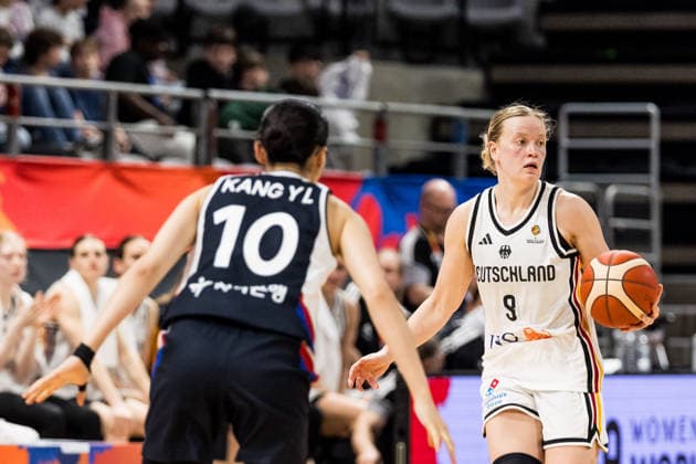 LYON-VILLEURBANNE, FRANCE - MARCH 11: Emma Eichmeyer (Germany, 9) controls the ball against Yoolim Kang (Republic of Korea, 10) during the FIBA Women™s World Cup Qualifying Tournament match between Germany vs. Republic of Korea at Astroballe on matchday 1 of the FIBA Women™s World Cup Qualifying Tournament on March 11, 2026 in Lyon-Villeurbanne, France. France Copyright: xSteffiexWunderlx