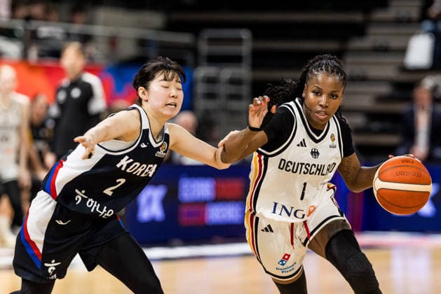 LYON-VILLEURBANNE, FRANCE - MARCH 11: Alexis Peterson (Germany, 1) controls the ball against Yeeun Heo (Republic of Korea, 2) during the FIBA Women™s World Cup Qualifying Tournament match between Germany vs. Republic of Korea at Astroballe on matchday 1 of the FIBA Women™s World Cup Qualifying Tournament on March 11, 2026 in Lyon-Villeurbanne, France. France Copyright: xSteffiexWunderlx