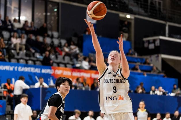 LYON-VILLEURBANNE, FRANCE - MARCH 11: Emma Eichmeyer (Germany, 9) shoots the ball during the FIBA Women™s World Cup Qualifying Tournament match between Germany vs. Republic of Korea at Astroballe on matchday 1 of the FIBA Women™s World Cup Qualifying Tournament on March 11, 2026 in Lyon-Villeurbanne, France. France Copyright: xSteffiexWunderlx