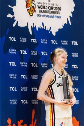 LYON-VILLEURBANNE, FRANCE - MARCH 11: Frieda Buehner (Bühner, Buhner Germany, 20) is being awarded as Tissot player of the match after the FIBA Women™s World Cup Qualifying Tournament match between Germany vs. Republic of Korea at Astroballe on matchday 1 of the FIBA Women™s World Cup Qualifying Tournament on March 11, 2026 in Lyon-Villeurbanne, France. France Copyright: xSteffiexWunderlx
