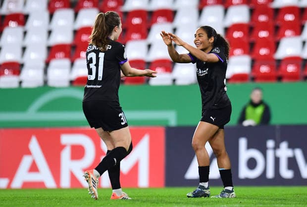 Soccer Women DFB Cup Season 2025 2026 Quarterfinal SGS Essen Werder Bremen on 11 03 2026 at the stadium at Hafenstraße in Essen Goal celebration to 1 0 by Ella Touon SGS Essen , right Jana Feldkamp SGS Essen , left DFB regulations prohibit any use of photographs as image sequences and or quasi video Nordrhein Westfalen Germany