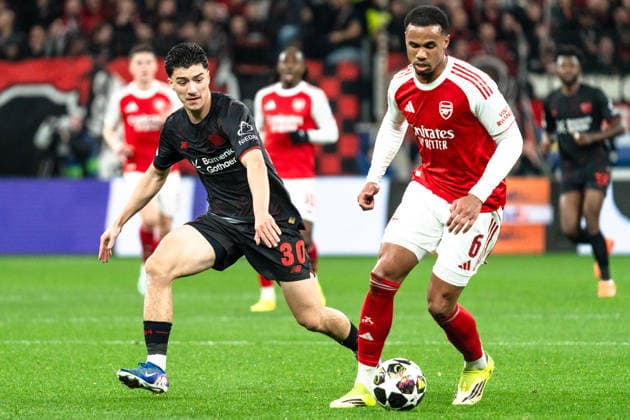 UEFA Champions League 2025 2026 Bayer 04 Leverkusen vs Arsenal, Round of 16 First Round, Wednesday, 11 03 2026 BayArena Nordrhein Westfalen, Germany Gabriel Magalhaes Magalhaes Arsenal, 6 Ibrahim Maza 30 Copyright: xCelinaxLeiersx