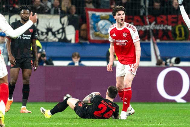 UEFA Champions League 2025 2026 Bayer 04 Leverkusen vs Arsenal, Round of 16 First Round, Wednesday, 11 03 2026 BayArena Nordrhein Westfalen, Germany Aleix Garcia 24 Declan Rice Arsenal, 41 Copyright: xCelinaxLeiersx