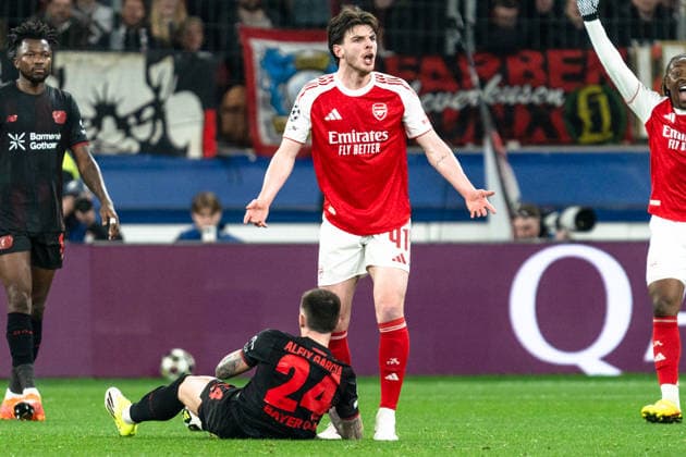 UEFA Champions League 2025 2026 Bayer 04 Leverkusen vs Arsenal, Round of 16 First Round, Wednesday, 11 03 2026 BayArena Nordrhein Westfalen, Germany Aleix Garcia 24 Declan Rice Arsenal, 41 Copyright: xCelinaxLeiersx