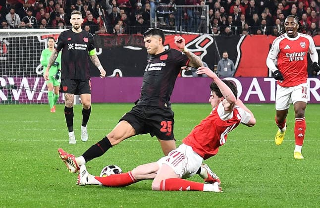 11 03 2026, xhbx, Football UEFA Champions League, Bayer 04 Leverkusen FC Arsenal London v l Exequiel Palacios Bayer Leverkusen , Declan Rice Arsenal London FC DFL DFB REGULATIONS PROHIBIT ANY USE OF PHOTOGRAPHS as IMAGE SEQUENCES and or QUASI VIDEO Leverkusen