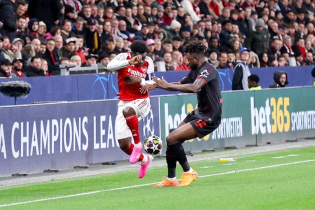 Duel between Edmond Tapsoba Bayer Leverkusen and Jurrien Timber Arsenal London GER, Bayer Leverkusen vs Arsenal London, Football, Champions League, Round of 16, 2025 2026 season, 11 03 2026 DFL REGULATIONS PROHIBIT ANY USE OF PHOTOGRAPHS AS IMAGE SEQUENCES AND OR QUASI VIDEO GER, Bayer Leverkusen vs Arsenal London, Football, Champions League, Round of 16, 2025 2026 season, 11 03 2026 Leverkusen Copyright: xEibner-Pressefoto FrankxZeisingx EP_FZG