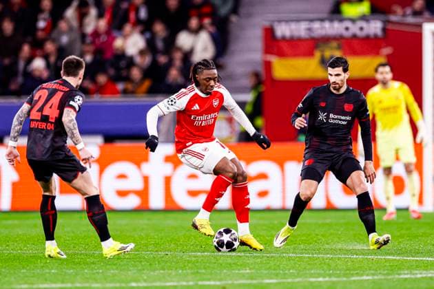 Eberechi Eze of Arsenal FC battles for possession with Aleix Garcia of Bayer 04 Leverkusen Bayer 04 Leverkusen v Arsenal FC, UEFA Champions League 2025 26 Round of 16 First Leg, Bayer 04 Leverkusen v Arsenal FC, BayArena, March 11, 2026, Leverkusen, Germany.