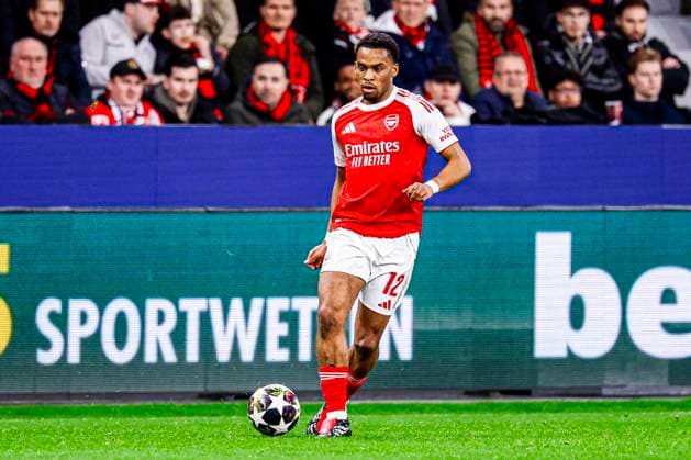 Jurrien Timber of Arsenal FC runs with the ball Bayer 04 Leverkusen v Arsenal FC, UEFA Champions League 2025 26 Round of 16 First Leg, Bayer 04 Leverkusen v Arsenal FC, BayArena, March 11, 2026, Leverkusen, Germany.