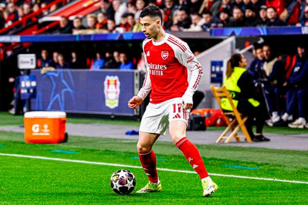 Gabriel Martinelli of Arsenal FC runs with the ball Bayer 04 Leverkusen v Arsenal FC, UEFA Champions League 2025 26 Round of 16 First Leg, Bayer 04 Leverkusen v Arsenal FC, BayArena, March 11, 2026, Leverkusen, Germany.