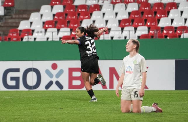 Germany DFB Pokal Women 2025 2026, SGS Essen vs SV Werder Bremen, Wednesday 11 03 2026 Stadion an der Hafenstraße Nordrhein Westfalen, Germany Goal to 1 0 by Ella Touon SGS Essen, 32 Cheers Joy Emotions Goal celebration Copyright: xMerlexKölkingx