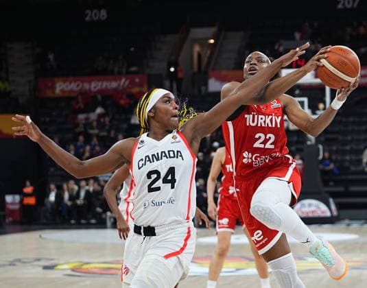 Turkiye v Canada - FIBA Women s Basketball World Cup Qualifiers ISTANBUL, TURKIYE – MARCH 11: Canada s Aaliyah Edwards (24) and Turkiye s Kennedy Burke (22) compete for the ball during the FIBA Women s Basketball World Cup Qualifiers Group C match between Canada and Turkiye at the Turkcell Basketball Development Center in Istanbul, Turkiye, on March 11, 2026. Esra Bilgin Anadolu Istanbul Turkey. Editorial use only. Please get in touch for any other usage.  Copyright: x2026xAnadoluxEsraxBilginx