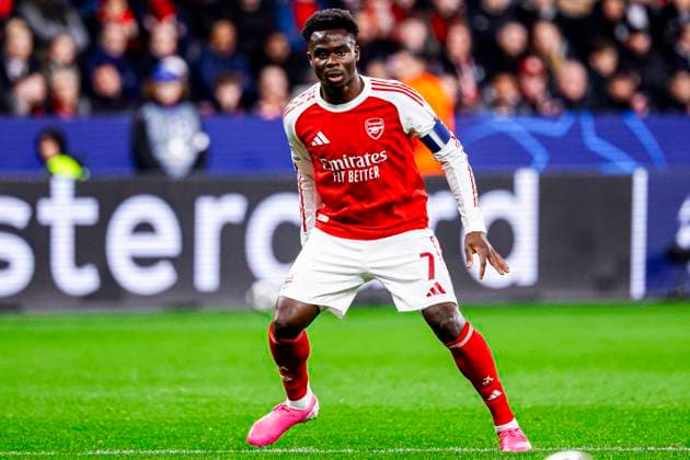 Bukayo Saka of Arsenal FC looks on Bayer 04 Leverkusen v Arsenal FC, UEFA Champions League 2025 26 Round of 16 First Leg, Bayer 04 Leverkusen v Arsenal FC, BayArena, March 11, 2026, Leverkusen, Germany.
