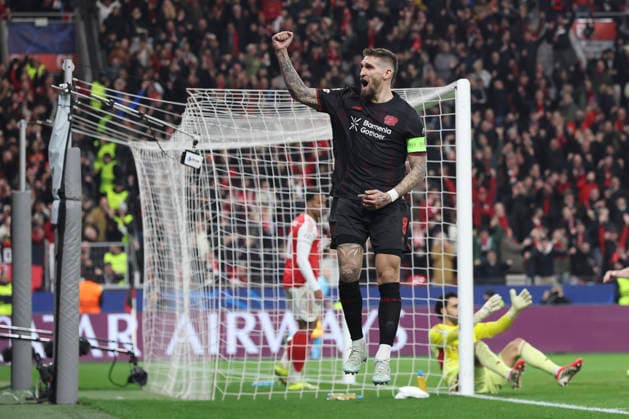 Robert Andrich Bayer 04 Leverkusen celebrates after scoring his team s first goal during the UEFA Champions League 2025 26 Round of 16 First Leg match between Bayer 04 Leverkusen and Arsenal FC at BayArena on March 11, 2026 in Leverkusen, Germany Photo by Oliver Kaelke DeFodi Images