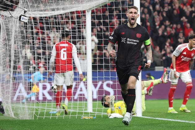 Robert Andrich Bayer 04 Leverkusen celebrates after scoring his team s first goal during the UEFA Champions League 2025 26 Round of 16 First Leg match between Bayer 04 Leverkusen and Arsenal FC at BayArena on March 11, 2026 in Leverkusen, Germany Photo by Oliver Kaelke DeFodi Images