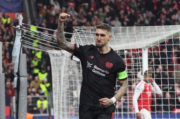 Robert Andrich Bayer 04 Leverkusen celebrates after scoring his team s first goal during the UEFA Champions League 2025 26 Round of 16 First Leg match between Bayer 04 Leverkusen and Arsenal FC at BayArena on March 11, 2026 in Leverkusen, Germany Photo by Oliver Kaelke DeFodi Images