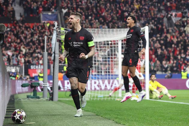 Robert Andrich Bayer 04 Leverkusen celebrates after scoring his team s first goal during the UEFA Champions League 2025 26 Round of 16 First Leg match between Bayer 04 Leverkusen and Arsenal FC at BayArena on March 11, 2026 in Leverkusen, Germany Photo by Oliver Kaelke DeFodi Images