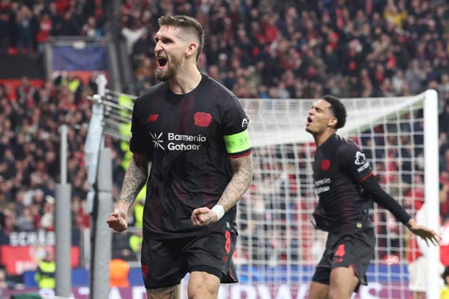 Robert Andrich Bayer 04 Leverkusen celebrates after scoring his team s first goal during the UEFA Champions League 2025 26 Round of 16 First Leg match between Bayer 04 Leverkusen and Arsenal FC at BayArena on March 11, 2026 in Leverkusen, Germany Photo by Oliver Kaelke DeFodi Images