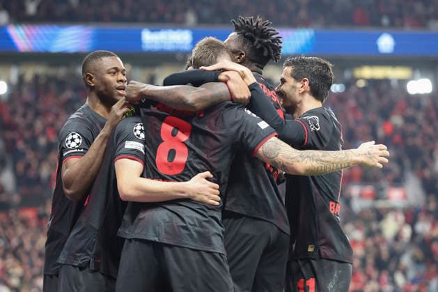 Robert Andrich Bayer 04 Leverkusen celebrates after scoring his team s first goal with teammates during the UEFA Champions League 2025 26 Round of 16 First Leg match between Bayer 04 Leverkusen and Arsenal FC at BayArena on March 11, 2026 in Leverkusen, Germany Photo by Oliver Kaelke DeFodi Images