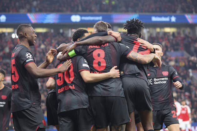 Robert Andrich Bayer 04 Leverkusen celebrates after scoring his team s first goal with teammates during the UEFA Champions League 2025 26 Round of 16 First Leg match between Bayer 04 Leverkusen and Arsenal FC at BayArena on March 11, 2026 in Leverkusen, Germany Photo by Oliver Kaelke DeFodi Images