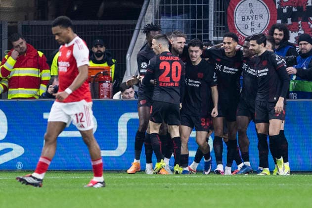 LEVERKUSEN, GERMANY - MARCH 11: Goal celebration after the forst goal of the match scored by Robert Andrich (Bayer 04 Leverkusen, 8) during the UEFA Champions League match between Bayer Leverkusen vs. FC Arsenal in the first leg of the round of 16 at BayArena on March 11th, 2026 in Leverkusen, Germany. NRW Germany Copyright: xBEAUTIFULxSPORTS JulianxMeuselx