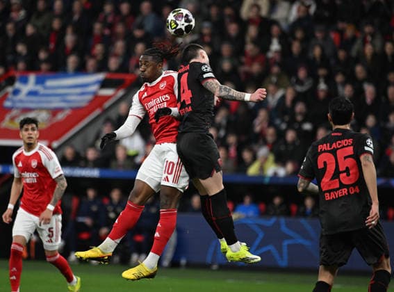23 02 2026, xophax, Football , UEFA Champions League , 2025 2026 , Bayer Leverkusen vs FC Arsenal London V l n right Piero Hincapie , Eberechi Eze both Arsenal , Aleix Garcia , Exequiel Palacios both Bayer 04 Leverkusen