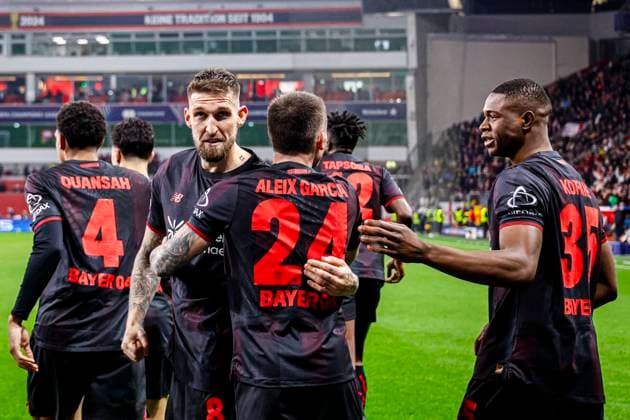 Robert Andrich of Bayer 04 Leverkusen celebrates with teammates after scoring his teams first goal Bayer 04 Leverkusen v Arsenal FC, UEFA Champions League 2025 26 Round of 16 First Leg, Bayer 04 Leverkusen v Arsenal FC, BayArena, March 11, 2026, Leverkusen, Germany.
