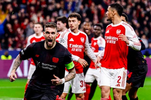 Robert Andrich of Bayer 04 Leverkusen celebrates after scoring his teams first goal Bayer 04 Leverkusen v Arsenal FC, UEFA Champions League 2025 26 Round of 16 First Leg, Bayer 04 Leverkusen v Arsenal FC, BayArena, March 11, 2026, Leverkusen, Germany.