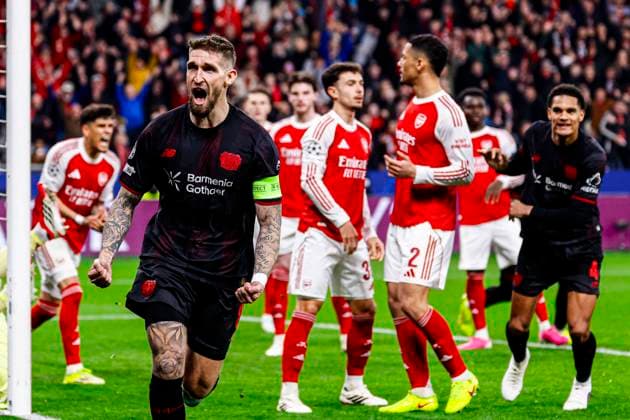 Robert Andrich of Bayer 04 Leverkusen celebrates after scoring his teams first goal Bayer 04 Leverkusen v Arsenal FC, UEFA Champions League 2025 26 Round of 16 First Leg, Bayer 04 Leverkusen v Arsenal FC, BayArena, March 11, 2026, Leverkusen, Germany.