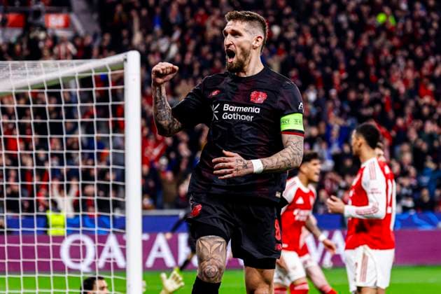Robert Andrich of Bayer 04 Leverkusen celebrates after scoring his teams first goal Bayer 04 Leverkusen v Arsenal FC, UEFA Champions League 2025 26 Round of 16 First Leg, Bayer 04 Leverkusen v Arsenal FC, BayArena, March 11, 2026, Leverkusen, Germany.